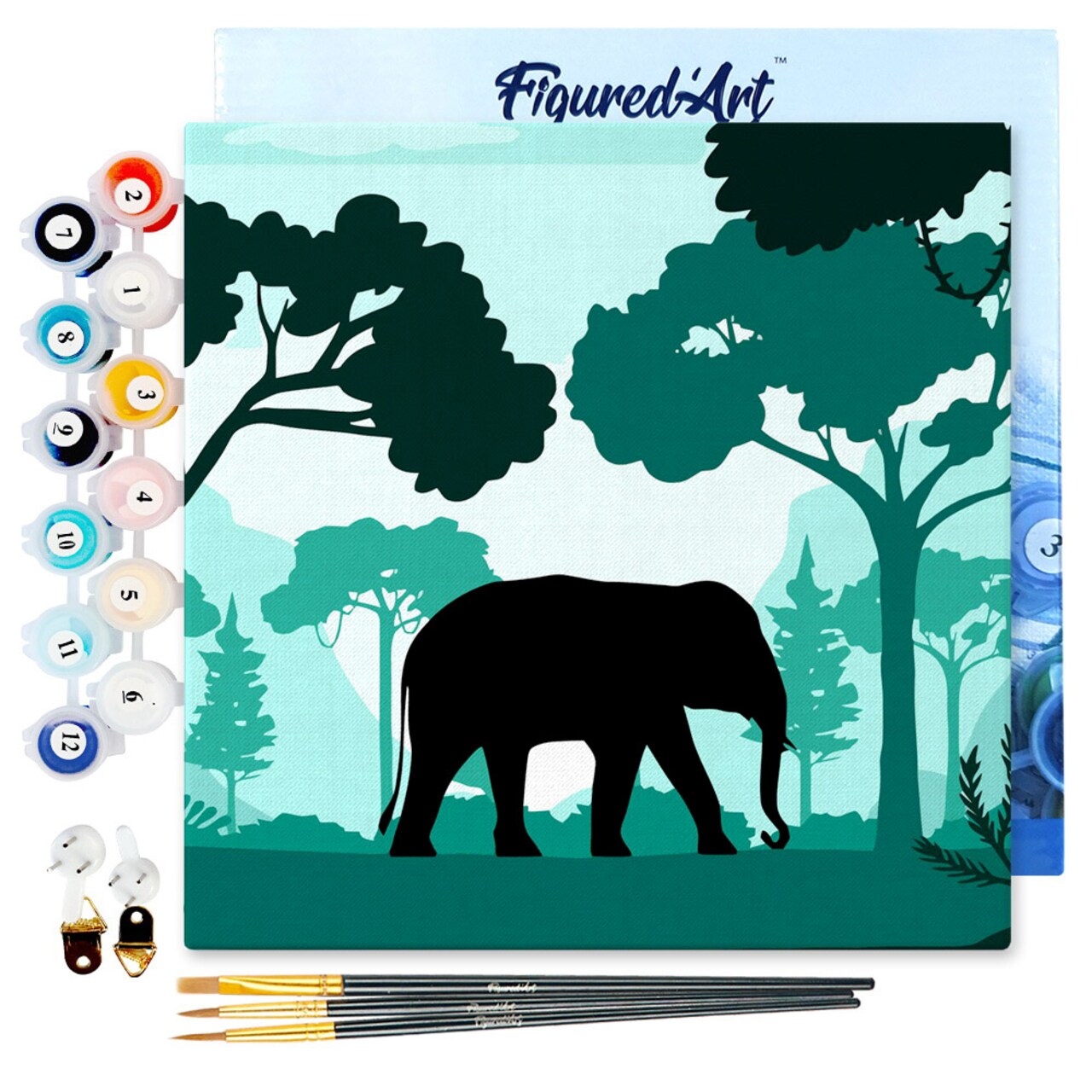 Figured'Art Mini Paint by Numbers Kit for Adults with Frame Elephant in the Forest Small format 8"x8" - Craft Art Painting DIY Canvas Already Stretched on a Wooden Frame